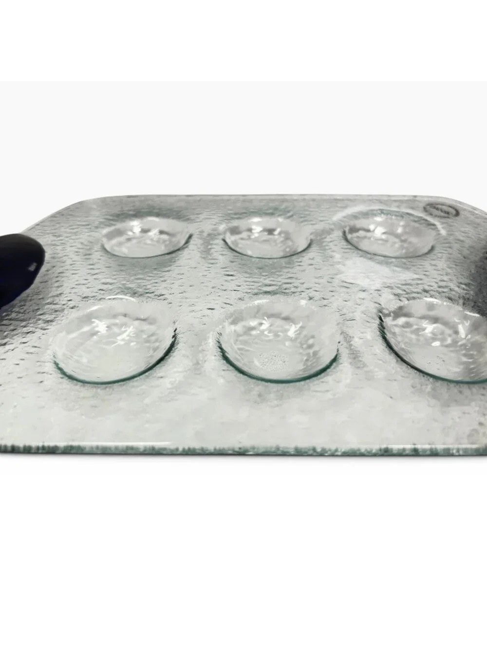 Dansk Glass Escargot Deviled Egg Platter Tray Dark Blue Handles Textured Clear